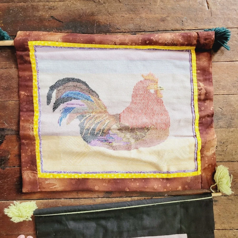 Vintage Woven Rooster Wall Hanging Set of 2 Farmhouse Textile Art with Tassels